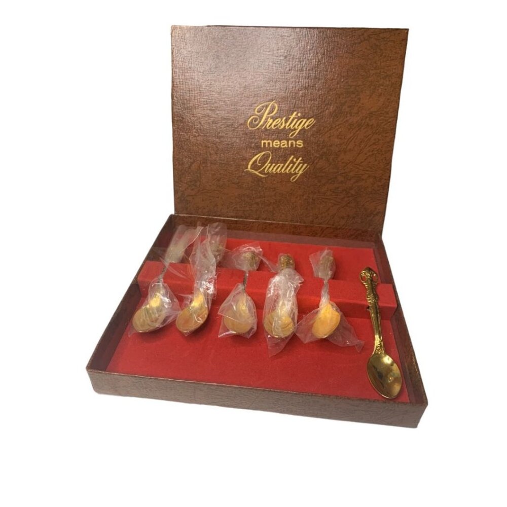 Vintage Goldplated Prestige Demitasse Spoons 4.5" Set of 6 in Box Stainless Stee